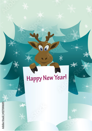 Happy New Year Banner Merry Christmas Greeting Card Elk Deer