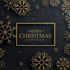 beautiful merry christmas greeting card with gold snowflakes on