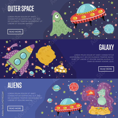 Outer Space Galaxy Aliens Cartoon Banners Funny Alien Character