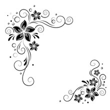 Floral Corner Design. Ornament Black Flowers On White Background - Vector Stock. Decorative Border With Flowery Elements,  Pattern.