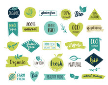 Bio, Ecology, Organic Logos And Icons, Labels, Tags. Hand Drawn Bio Healthy Food Badges, Set Of Raw, Vegan, Healthy Food Signs, Organic And Elements Set
