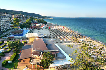 Wall Mural - Resort Sunny Beach Bulgaria panorama of the beach and hotels. Panoramic view Sunny Beach Bulgaria.