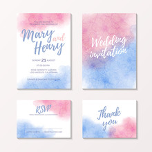 Watercolor Wedding Invitation Of Color 2016 Rose Quartz And Serenity With Flower Anemone, Pink And Blue Watercolour Bridal Template For Thank You And Rsvp Card, Hand Drawn Vector Design