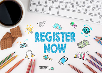 Sticker - register now, business concept. white office desk
