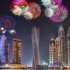 Wall Mural - New Year fireworks display in Dubai Marina, UAE