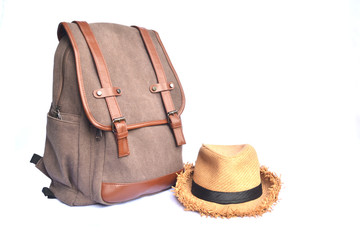 Wall Mural - Brown bag with passport and smartphone on white background