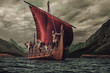 Group of vikings are floating on the sea on Drakkar with mountains on the background