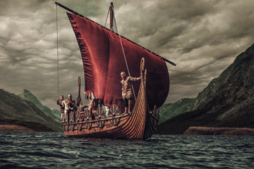 Group of vikings are floating on the sea on Drakkar with mountains on the background