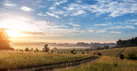 Fantastic foggy sunny day. ground road in the rural field with fresh grass in the sunlight. majestic misty sunrise with colorful clouds on the sky,  Warm sundown over meadow.