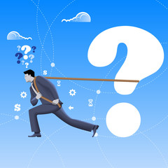 Wall Mural - Problem solver business concept. Confident mighty businessman in business suit pulls big question mark alone. Vector illustration. Business analyst, analysis, problem and solution, hard worker.