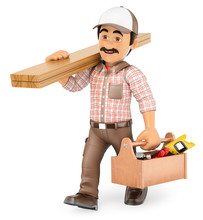 3D Carpenter Walking With Wooden Board And Toolbox