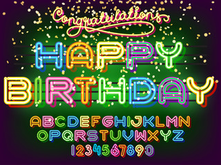 Wall Mural - Happy Birthday lettering Neon Font