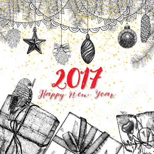 2017 Happy New Year hand drawing greeting card design with calligraphy