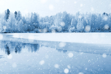 Wall Mural - Winter landscape with frozen river and forest in the frost