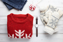 Christmas Clothing Style Set With Winter Knitted Sweater, Jeans, Cap, Mittens, Watches And Lollipop.