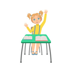 Sticker - Schoolgirl Sitting Behind The Desk In School Class Raising Hand Wanting To Answer Illustration, Part Of Scholars Studying Vector Collection.