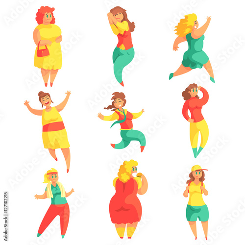 Fotografia, Obraz Happy Plus Size Women In Colorful Fashion Clothes Enjoying Life Set Of Smiling O