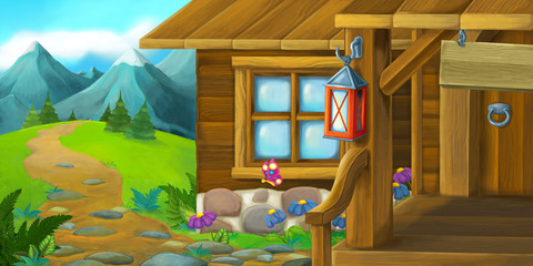 Wall Mural - Cartoon background of an old house in the meadow - illustration for the children