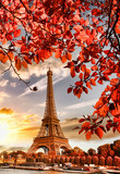 Fototapeta Boho - Eiffel Tower with autumn leaves in Paris, France