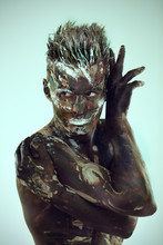 Portrait Of Man In Body Arts Painted Which Expression Gesture Arm, Vertikal  Photo