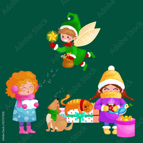Illustrations Set Merry Christmas Happy New Year Girl Sing Holiday Songs With Dog Pets Cat And Dog Enjoy Presents Elf Flies Using The Wings Magic Wand Star Vector Stock Vector Adobe Illustrations Set Merry Christmas Happy New Year Girl Sing Holiday Songs With Dog Pets Cat And Dog Enjoy Presents Elf Flies Using The Wings Magic Wand Star Vector Stock Vector Adobe