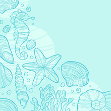 Background With Seashells, Rocks, Seahorse, Waves And Place For Text.