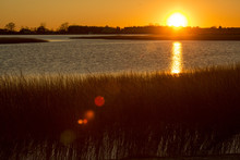 Warm Sunset Over The Marsh At Milford Point, Connecticut.