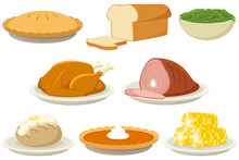 Vector Illustration Of A Variety Of Holiday (Thanksgiving And Christmas) Foods.