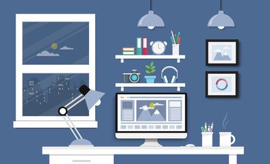 Desk with computer set, documents and stationery. Workplace for
