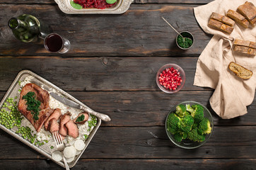 Poster - Frame of different food cooked on the grill with wine