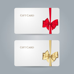 Wall Mural - White gift card with red, golden bow with polka dots and ribbons. Vector template for design invitation and credit or discount card. Isolated from a background...