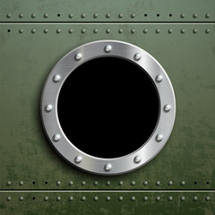 Wall Mural - Round window porthole on green metal background. Military armor