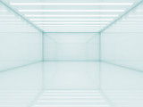 Fototapeta Perspektywa 3d - Empty room with stripes of ceiling lights, 3 d