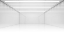 Empty 3d White Room With Stripes Of Ceiling Lights