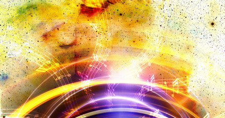 Poster - music note and silhouette music speaker and Space with stars. abstract color background. Music concept.