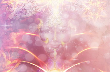 Aufkleber - Beautiful Painting Goddess Woman with ornamental mandala and color abstract background  and desert crackle. And light with fire effect.