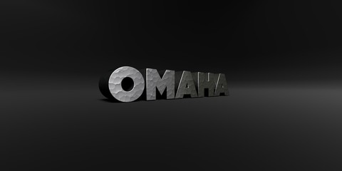 OMAHA - hammered metal finish text on black studio - 3D rendered royalty free stock photo. This image can be used for an online website banner ad or a print postcard.