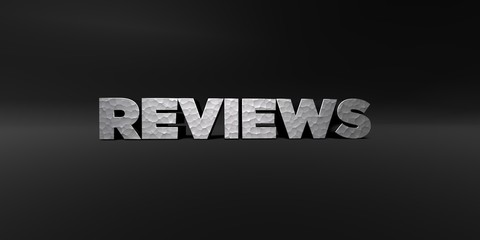 Wall Mural - reviews - hammered metal finish text on black studio - 3d rendered royalty free stock photo. this im