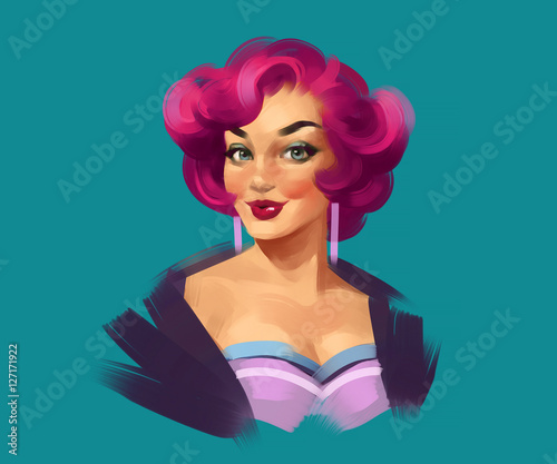 Naklejka samoprzylepna Retro pin-up kobieta odizolowywająca na błękitnym tle. 