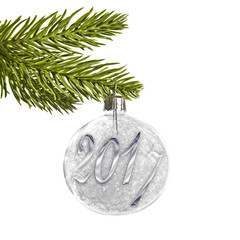 Wall Mural - 2017 on a silver christmas ball hanging from a branch isolated on white
