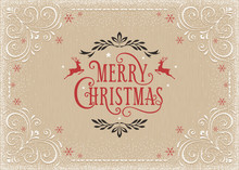 Horizontal Merry Christmas Card With Ornate Typographic Design And Deers On The Cardboard Background.