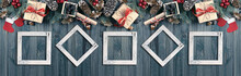 Christmas Banner With Photo Frames, Spruce, Gift Box, Santa Clau