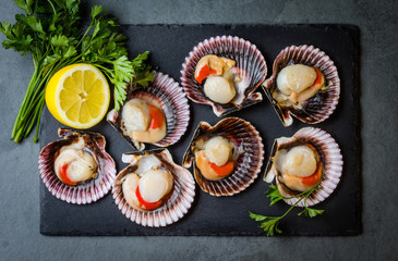 Wall Mural - Raw scallops with lemon, cilantro on slate plate, white wine