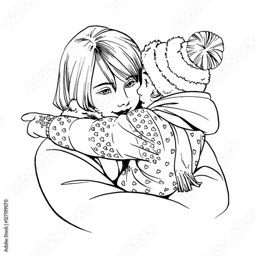 Illustration Of Woman With Child Outdoor In Winter Hand Drawn Line Realistic Romantic Style Artwork Buy This Stock Vector And Explore Similar Vectors At Adobe Stock Adobe Stock