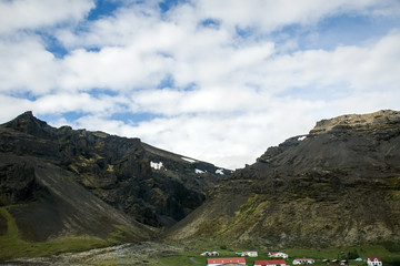 Landscape houses Iceland green grass waterfall 2