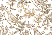 Seamless Pattern With Flowers And Birds.