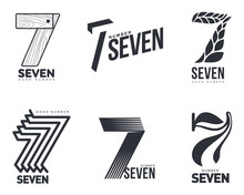 Set Of Black And White Number Seven Logo Templates, Vector Illustrations Isolated On White Background. Black And White Graphic Number Seven Logo Templates - Technical, Organic, Abstract