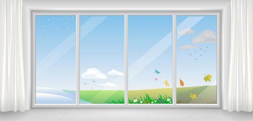 Canvas Print - Panoramic modern white window in different seasons and times of the year, spring, winter, summer, autumn. Bright interior with curtains in vector graphics.