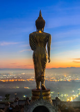 Sunrise, Golden Buddha Statue In Khao Noi Temple, Nan Province, Thailand