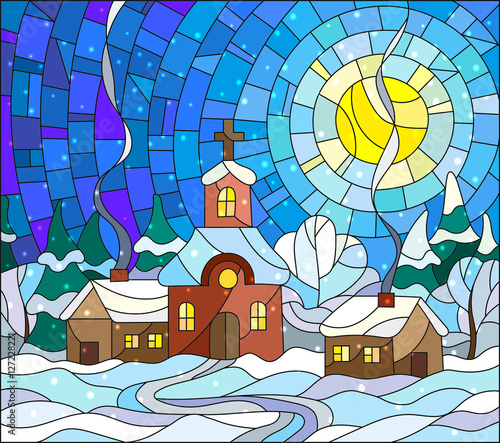 Obraz w ramie Winter landscape in stained-glass style Church and village houses on the background of snow, sky and sun